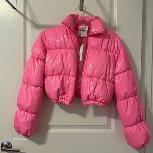 Patent bubblegum pink cropped puffer jacket